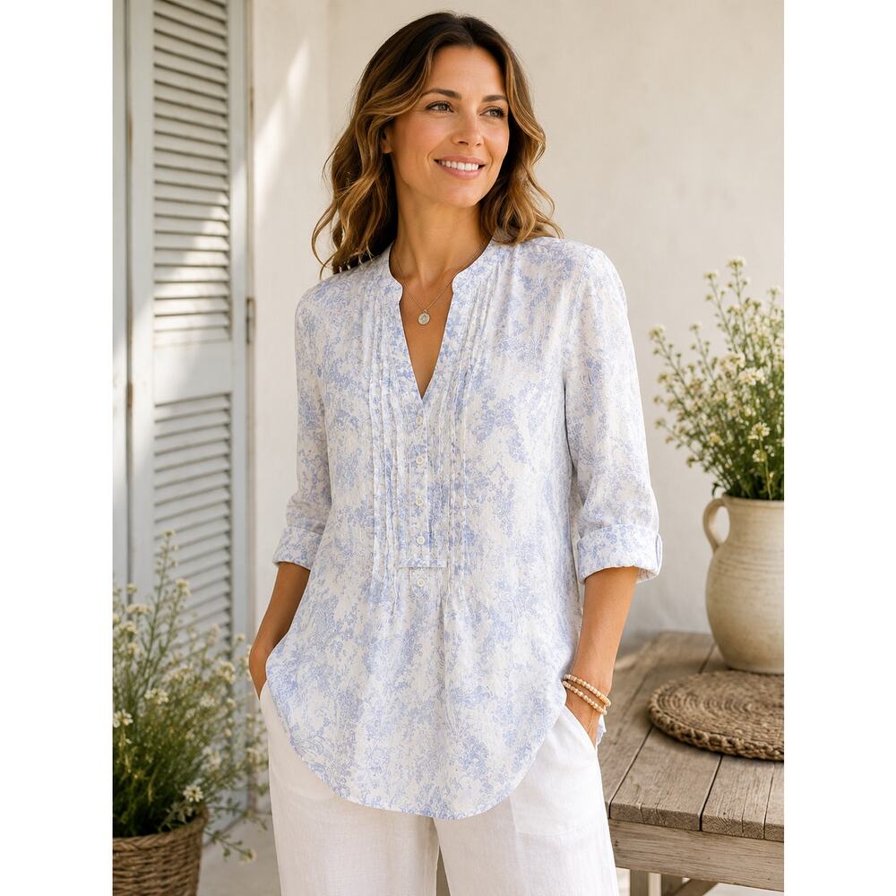 Malvin Hamburg Germany White Blue Linen Floral Roll Tab Tunic Shirt Medium